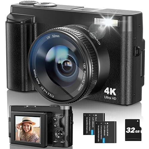 4K Digital Camera for Photography and Video, Autofocus 48MP Vlogging Camera 180° Flip Screen for Selfie and Vlog 16X Zoom Compact Digital Camera with Flash, 32GB Card, 2 Batteries - Image 1