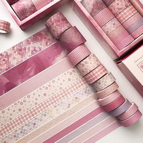 Doraking 12Rolls Decorative Washi Masking Tapes Set for Scrapbooking Gift Wrapping Decoration Arts & Crafts, Washi Tapes Set (Pink) - Image 1
