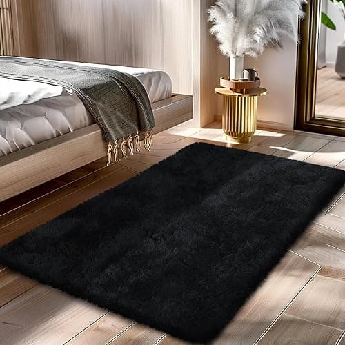 Fluffy Rug Shaggy Area Rug, Black 2x4 Area Rugs for Bedroom, Small Bedside Rug, Soft Fluffy Shaggy Entryway Throw Rugs for Living Room Bedroom Kids Room Home Decor - Image 1