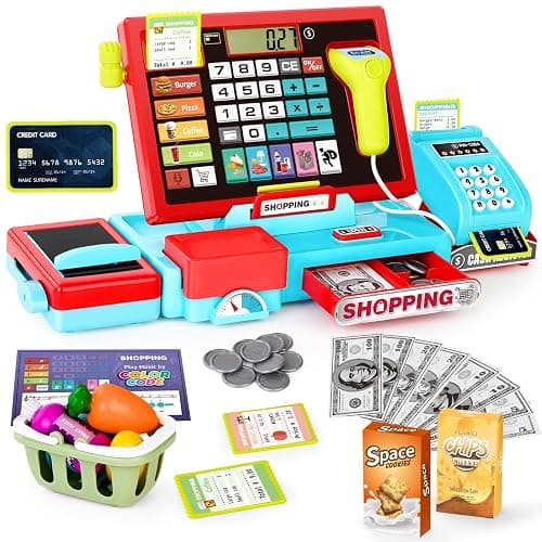 Cash Register Toy for Kids-52PCS Calculator Cash Register, Pretend Play Store Shopping Toy with Music, Scanner&Credit Card, Play Money&Pretend Food&Microphone, Toy Playset Gift for Toddler Boy&Girl 3+ - Image 1
