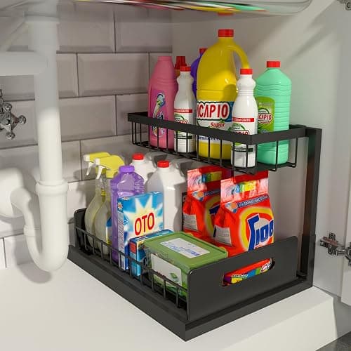 REALINN Under Sink Organizer, Pull Out Cabinet Storage 2 Tier Slide Out Sink Shelf, Kitchen Organizers and Storage, Black, 1 Pack - Black - 1 Pack - Image 1