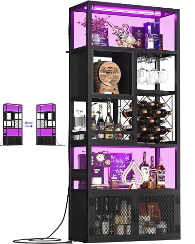 Armocity 82.6" Tall Bar Cabinet with Power Outlets & LED Lights, Liquor Cabinet Bar for Home, Reversible Coffee Station Wine Cabinet with Glass Holder & Wine Rack for Small Space, Black - Image 1