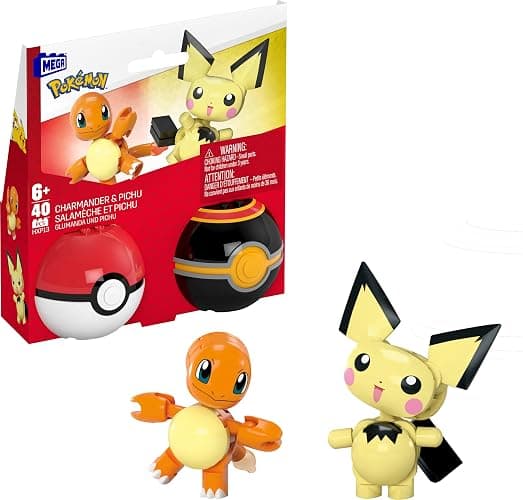 MEGA Pokémon Building Toys Set Pichu & Charmander with 40 Pieces, 2 Poseable Characters and Poké Ball, 2 Inches Tall, for Kids - Image 1