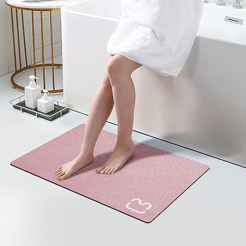 Diatomaceous Earth Bath Mat Rugs Quick Dry Super Absorbent Non Slip Rubber Bottom Thin Bathroom Mat Fit Under Door, Floor Rugs in Front of Bathtub,Shower Room,Sink,Washable, 15.7"x23.6", Blush Pink - Image 1