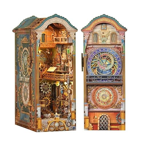 Tonecheer DIY Book Nook Kit for Adults, 3D Wooden Puzzle Bookend Miniature House Kit, Booknook Bookshelf Insert Decor with Dust Cover and LED Lights Gifts (Clock Tower) - Image 1