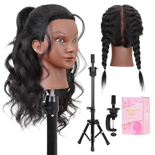 Mannequin Head with Human Hair 16" Cosmetology Manikin Doll Head 100% Real Human Hair for Styling Hairdresser Practice Braiding with Tripod Set - Image 1