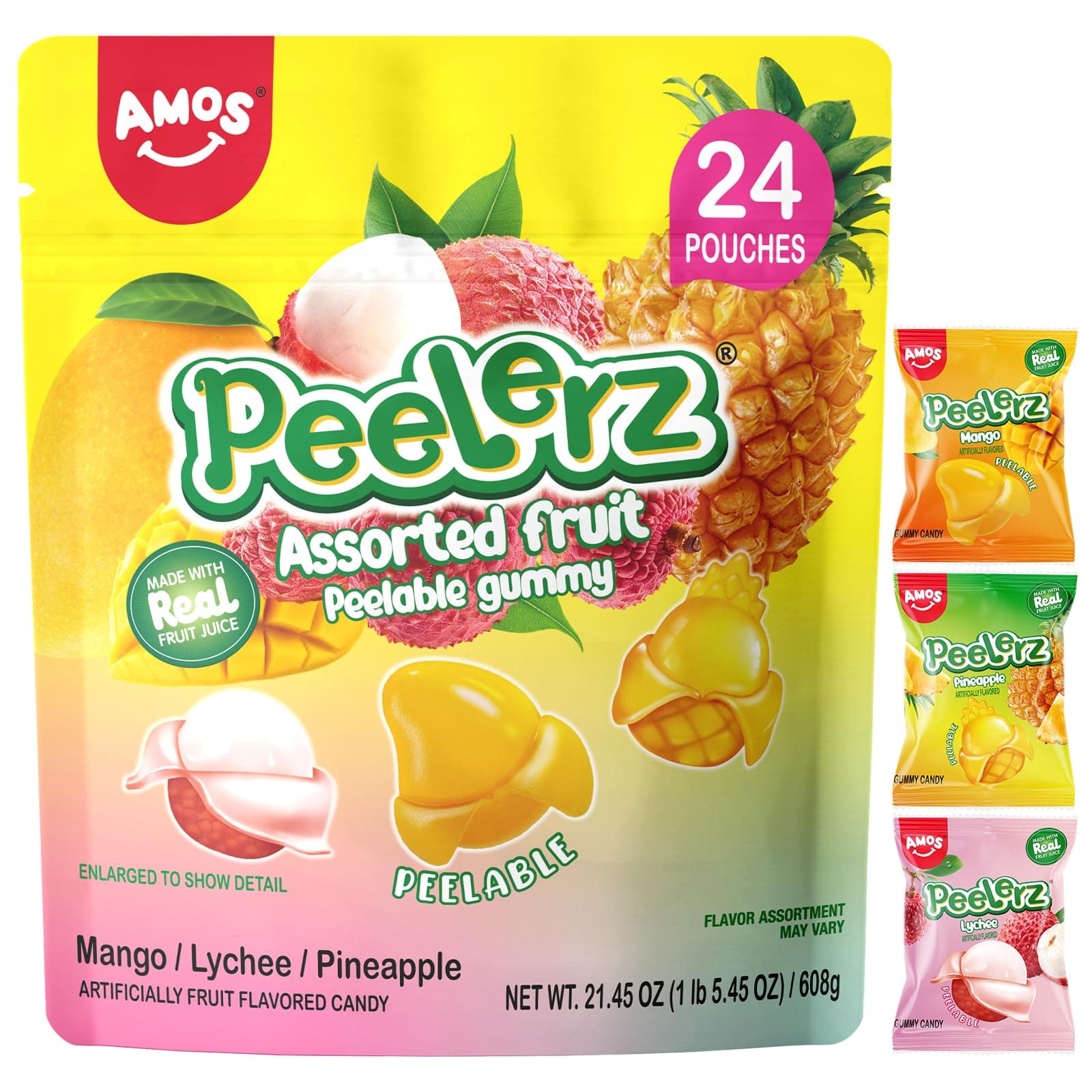 Amos Gomitas Pelables Surtidas Peelerz β Paquete Variedad de Caramelos Tropicales Pelables | Mango, Lichi Y PiΓ±a | 24 Paquetes Individuales (608 G) | Un Dulce Divertido, Masticable Y para Compartir - Image 1