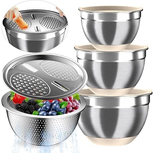Nicdiet Mixing Bowls with Airtight Lids, Stainless Steel Mixing Bowl Set with 3 Metal Nesting Bowls, Colander & Grater, Non-Slip Bottoms, Size 1.5, 2.5, 5 QT, Great for Mixing & Serving, Khaki - Image 1