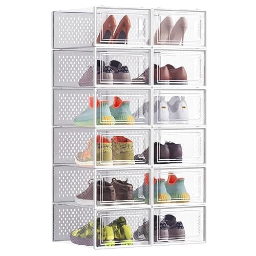 SONGMICS Shoe Boxes, Pack of 12 Stackable Shoe Storage Organisers, Foldable and Versatile for Sneakers, Fit up to UK Size 9.5, Transparent and White LSP12SWT - Image 1