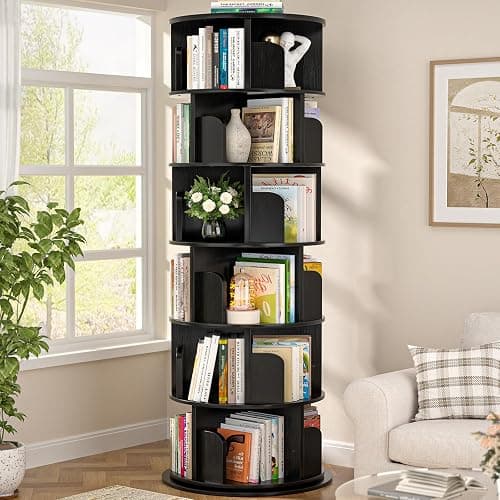 Aheaplus 6 Tier Rotating Bookshelf, Wood Spinning Bookshelf Tower, Round Revolving 360 Bookcase, Narrow Turning Book Shelf Rolling Corner Organizer for Small Space, Bedroom, Office, Black - Image 1