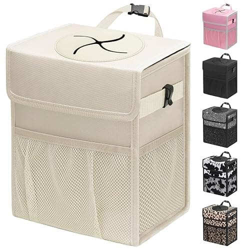 Capolo Car Trash Can with Lid, Leakproof Car Garbage Can Car Trash Bag | Waterproof, Trash Can for Car, 3 Mesh Pockets, Mini Hanging Vehicle Car Trash Bin, for Back/Front Seat (Beige,2.5 Gal) - Image 1
