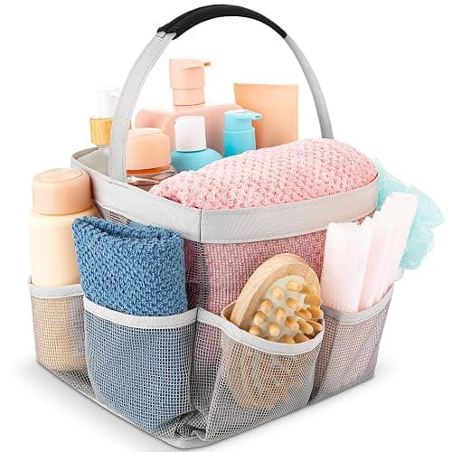 Masirs Mesh Shower Caddy Bag - (9 Pocket) Large Collapsible, Portable Bathroom Organizer for Travel, Gym, & Dorm - Easily Carry & Organize Bathroom Toiletry Essential (Grey) - Grey - 9-Pockets - Image 1