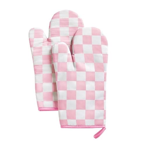 Ohocut Pink Checkered Oven Mitts Heat Resistant, Vintage Retro Checkerboard Cute Oven Mitts, Non-Slip Silicone Kitchen Gloves 1 Pair 7''x13'' - Image 1
