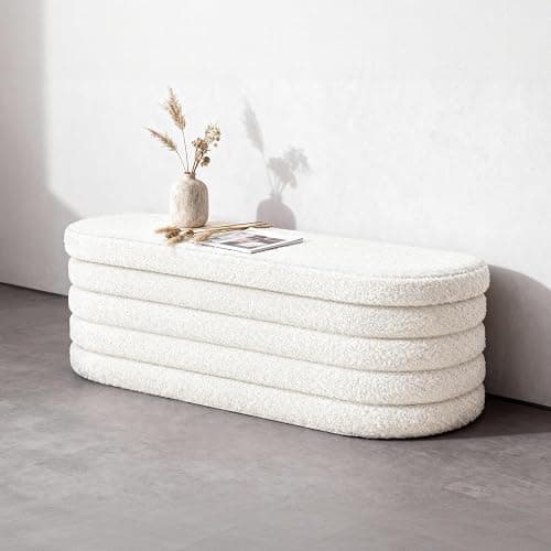 GLAXYFUR Storage Ottoman Bench, 43 Inch Upholstered Entryway Shoe Seat, End of Bed Stool Blanket Chest for Living Room, Hallway, Sherpa White - Image 1