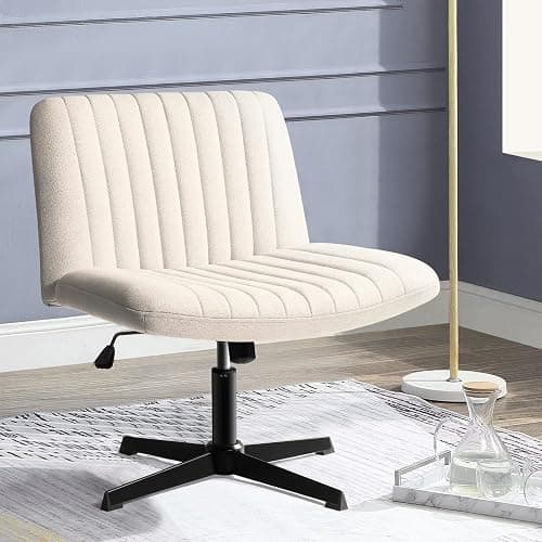 PUKAMI Criss Cross Chair,Comfy Cross Legged Office Desk Chair No Wheels,Fabric Modern Swivel Height Adjustable Mid Back Wide Seat Computer Cute Makeup Task Vanity Chair for Home Office(Beige) - Beige - Classic - Image 1