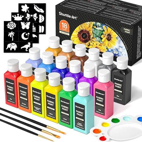 Shuttle Art Fabric Paint, 18 Colors Permanent Soft Fabric Paint in Bottles (60ml/2oz) with Brushes, Palette, Stencils, Non-Toxic Textile Paint for T-Shirts, Shoes, Jeans, Bags, DIY Projects&Art - Image 1