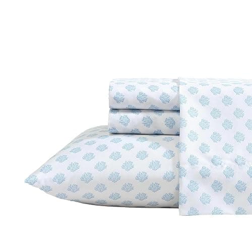 Nautica - Sheet Set, Breathable & Cooling Microfiber Bedding with Matching Pillowcases, Deep Pocket, Fully Elasticized (Coastal Coral Ocean Breeze Blue, Queen) - Coastal Coral Ocean Breeze Blue - Queen - Image 1