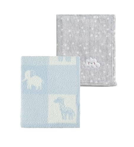 CREVENT 2Pcs 30''X40'' Cute Cozy Fluffy Warm Baby Blankets for Infants Toddlers' Bedding Crib Cot Stroller - Grey Cloud + Knit Animal Blue - Image 1