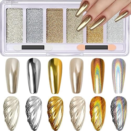 Gold Silver Chrome Nail Powder, 6 Colors Holographic Unicorn Iridescent Nail Chrome Powder, Metallic Mirror Effect Light Gold Champagne Chrome Powder Palette Pigment Glitter for Nail Art - Image 1