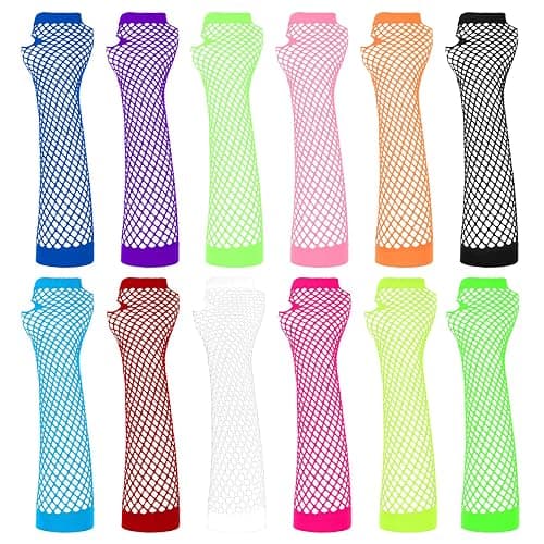 Vin Beauty 12 Pairs Neon Fishnet Gloves Long Fingerless Fishnet Arm Sleeves for Cosplay Halloween Party Scene Clothes for Women and Girls 80s Party Costume Accessories Supplies (12 Colors) - Image 1
