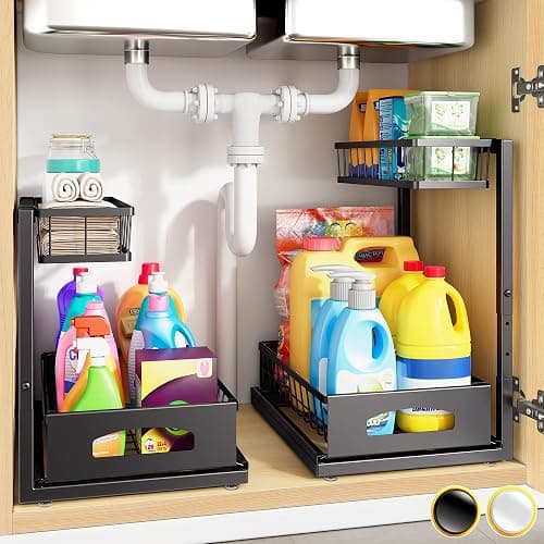 Under Sink Organizer , 2 Pack Height Adjustable Cabinet Organizer with Slide Out Drawer, Pull Out Under Sink Storage, Multi-Purpose 2 Tier Sink Shelves for Kitchen Bathroom Pantry (Black, 2 Pack) - Image 1