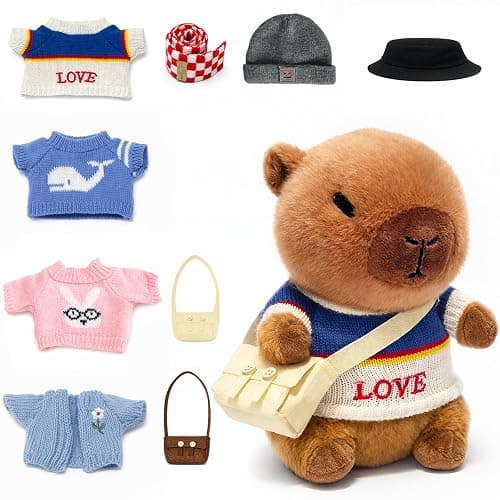 TITQWOP 10.2" Brown Capybara Plush Toy with 9 Clothes and Accessories Super Soft Capybara Stuffed Animal for Kids Girls Boys (Blue Capybara) - Image 1