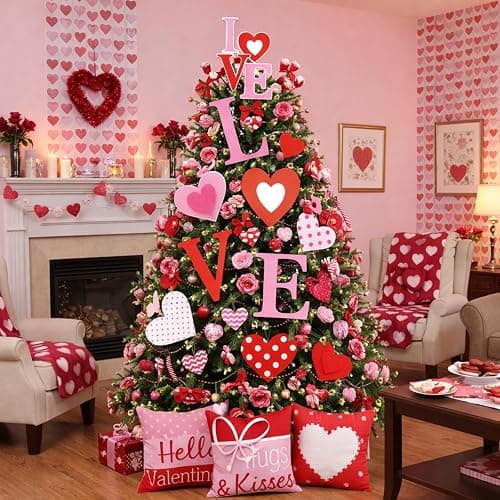 HunnmingRe 17 Pcs Valentines Day Decoration Tree Ornament Extra Large Love Tree Topper Valentine Pillow Cover Romantic Wood Heart Ornament Picks Pink Red for Wedding Holiday Party Anniversary Decor - Image 1
