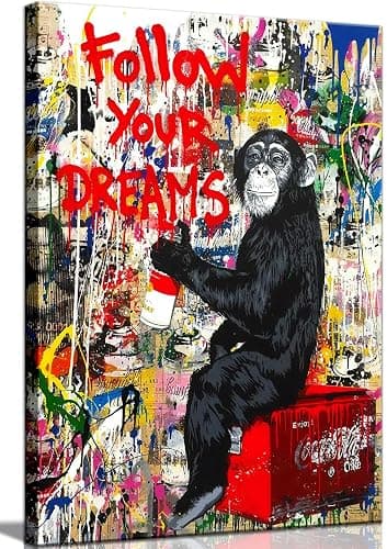 AKOTAC Monkey Street Graffiti Canvas Print Wall Art,-Follow Your Dreams Animal Canvas Art for Living Room Office Wall Decor Home Decoration Framed Ready to Hang,bedroom decor for men - Image 1