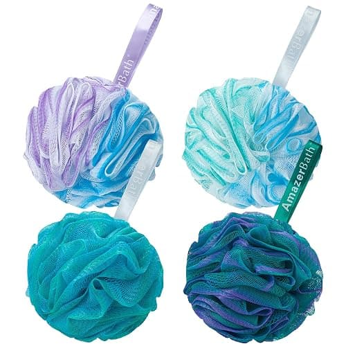 AmazerBath Loofah Sponge 75g/Piece, Exfoliating Bath Sponge Body Scrubber - Loofa Set of 4 Flower Color (Large, Green-Purple) - Image 1