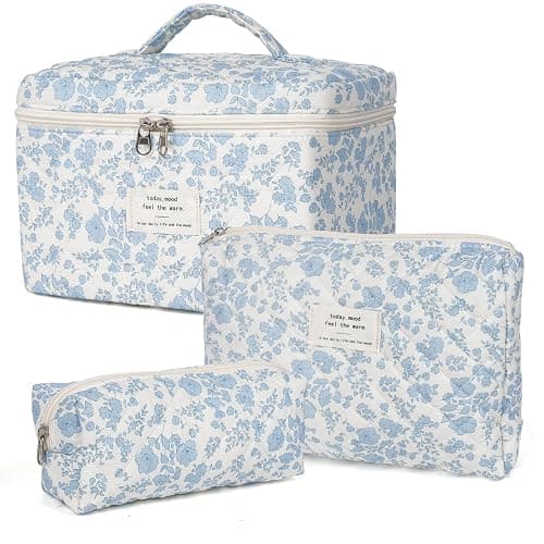 Makeup Bag,Quilted Cosmetic Bag,Large Floral Make Up Bag for Women,Cotton Makeup Bag Set,Flower Travel Toiletry Bag - Image 1
