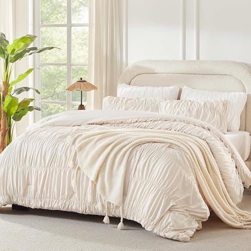 Andency Ruched Beige Full Size Comforter Sets, Shabby Chic Pleatd Bedding Sets 3 Pieces, Lightweight Soft Boho Ruffle Bed Set for Girls, Kids, Women, All Season - Image 1