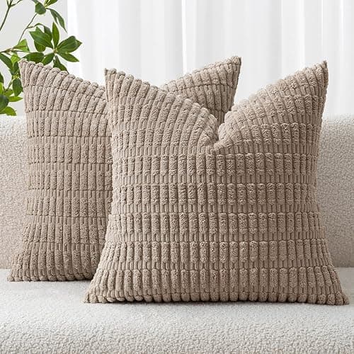 MIULEE Pack of 2 Corduroy Decorative Throw Pillow Covers 18x18 Inch Soft Boho Striped Pillow Covers Modern Farmhouse Home Decor for Sofa Living Room Couch Bed Light Brown - 18" x 18" (Pack of 2) - Light Brown - 2 - Image 1