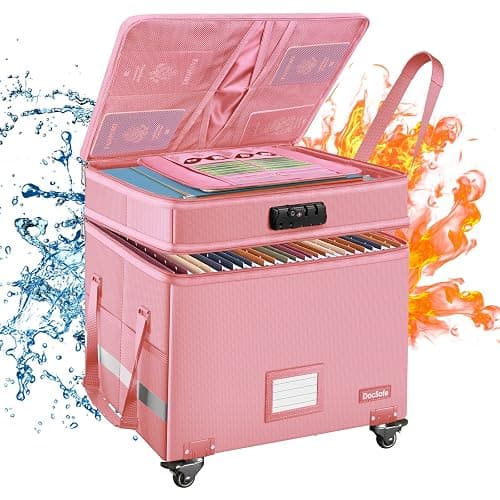 DocSafe File Box with Lock,2-Layer Fireproof Document Box with Wheels,Collapsible Rolling File Storage Organizer with Pockets,Large Portable Home Office Filing Cabinet Safe for Hanging Folders,Pink - Image 1
