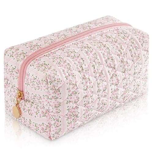 UUYUUY Makeup Bag Travel Toiletry Bag for Women, Small Cosmetic Bags Cute Quilted Cotton Makeup Pouch for Purse Emergency Bag Pencil Case Accessory Bag, Pastel Pink - Image 1