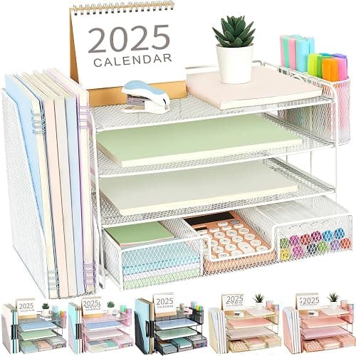 gianotter Paper Letter Tray Organizer with File Holder, 4-Tier Desk Accessories & Workspace Organizers with Drawer and 2 Pen Holder, Desk Organizers and Accessories for Office Supplies (White) - White - Image 1