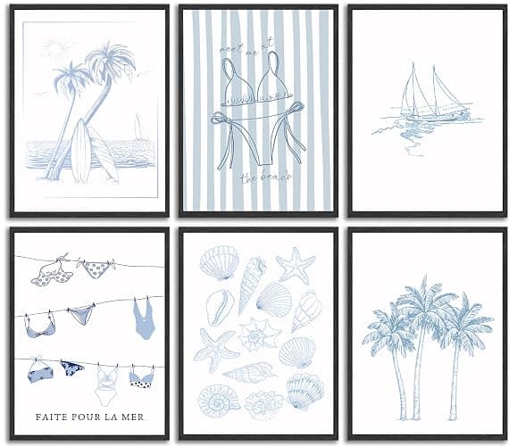 6Pcs Bikini Coastal Granddaughter Canvas Wall Art Blue Shell boat Poster Prints Paintings Preppy College Style Wall Decor Pictures for Teenage Girls living room Dormitor Bedroo Decoration Unframed - coastal-1 - 8x10in-Posters - Image 1