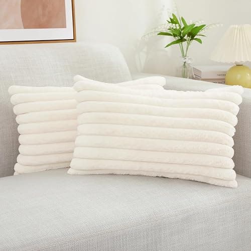 decorUhome Faux Fur Christmas Throw Pillow Covers 12x20 Set of 2, Decorative Soft Plush Striped Neutral Couch Euro Pillow Covers with Velvet Back for Sofa, Bed, Living Room Home Decor, Cream White - Image 1