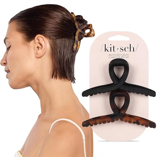 Kitsch Large Hair Clips for Women - Fashionable Loop Hair Claw Clips | Matte Plastic, Easy-Grip | Perfect for Everyday Use & Special Occasions | Ideal Gifts for Women - Tortoise & Black, 2 Pcs - Image 1
