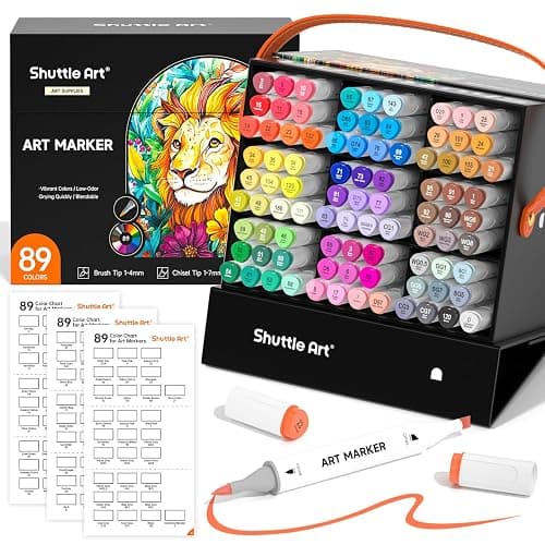 Shuttle Art Brush Tip Alcohol Markers, Dual Tip Brush & Chisel Tip Art Marker Set, 89 Colors Marker Pens with Organized Case Perfect for Illustration Kids Students Adults Coloring Sketching - Image 1
