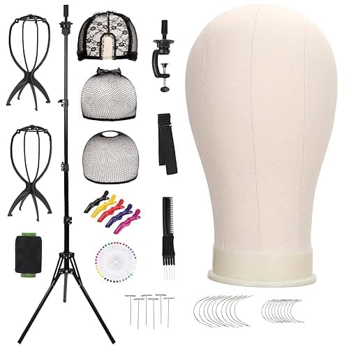 Demides 22'' Canvas Wig Head with 61'' Adjustable Tripod Stand, Mannequin Head Set for Styling, Display – Includes Caps, Elastic Bands, Stand & Tool Kit for Beginners and Professionals - Image 1