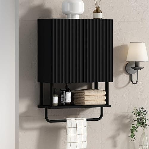 RUSTOWN Fluted Bathroom Wall Cabinet with 2 Doors, 3-Tier Modern Farmhouse Medicine Cabinet, Over The Toilet Storage Cabinet with Adjustable Shelf and Towel Bar(Black, Small) - Black - Small - Image 1
