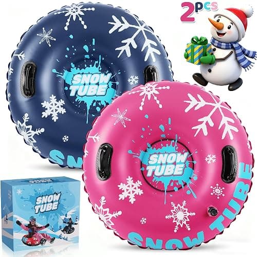 Eterfun Inflatable Snow Tubes - 2 Pack Protable Winter Snow Sledding Toy with Handles and Thick Bottom, Family Outdoor Sport Supplies Gift Kits for Boy Girl Christmas Halloween Birthday Gift - Image 1