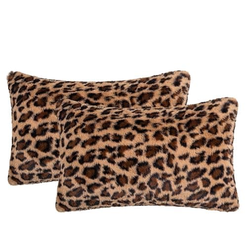 AGOKABA 2 Packs Leopard Throw Pillow Faux Fur Cheetah Throw Pillow Covers Soft Plush Decor Lumbar Pillow Cover for Couch Pillow Cases 12x20 Inch - Brown Leopard - 12x20 Inch - Image 1