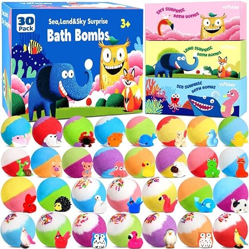 Bath Bombs for Kids with Toys Inside, 30 Pack Kids Bath Bombs Gift Set with 30 Sea & Land & Sky Animal Surprise Toy, Natural Organic Bubble Bath Toys for Kid, Birthday Gifts for Girls Boys - Multicolor - Image 1