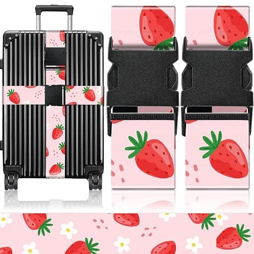 Slohif Luggage Straps for Suitcases Travel Belt Accessories Luggage Connector Identifiers 2 Pack Over Handle with Buckle Unique Nylon Adjustable Strap for Sleeping Bag Car Seat Lovely Strawberry - Image 1