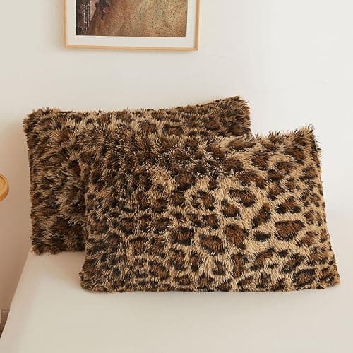 XeGe Cheetah Print Faux Fur Fluffy Pillowcases, Plush Shaggy Soft Long Pillow Covers, Fuzzy Decorative Leopard Print Pillow Cases, Furry Pillow Shams for Bed Couch Zipper, Set of 2(Standard, Brown) - Image 1