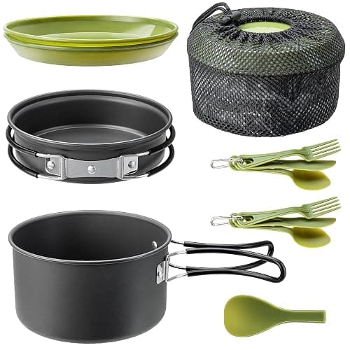 Trail Camping Cookware Set 11pc, 2 Person Outdoor Camp Cooking Kit, Non Stick Hard Anodised Aluminium, 1L Cook Pot, Frying Pan, Spatula, Plates, Cutlery Sets, Lightweight Portable Stackable with Bag - Image 1