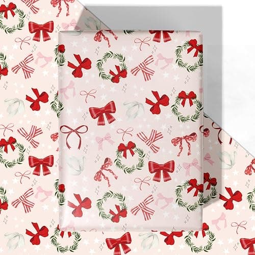 WRAPLULU Pink Christmas Bow Wrapping Paper - 4 Jumbo Sheets, 28 * 40 Inches - Red Bow Wreath Xmas Gift Wrapping Paper, Perfect for Girls Women Christmas' Gift and Winter - Image 1