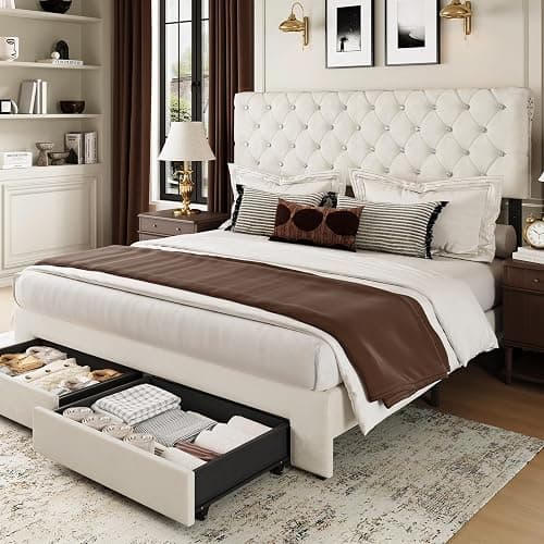 Belffin Full Bed Frame with Storage Drawer and Diamond Adjustable Tall Headboard, Modern Velvet Platform Bed Frame with Wingback Design, No Box Spring Needed, Easy Assembly, White - Image 1