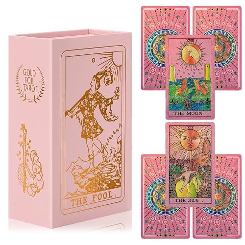 LYINGFISH Tarot Cards for Beginners Pink Tarot Cards with Guide Book Gold Foil with Meanings on Them 78 Classic Origina Waterproof Rider Waite Taro Deck Fortune Telling Game(Pink) - Image 1